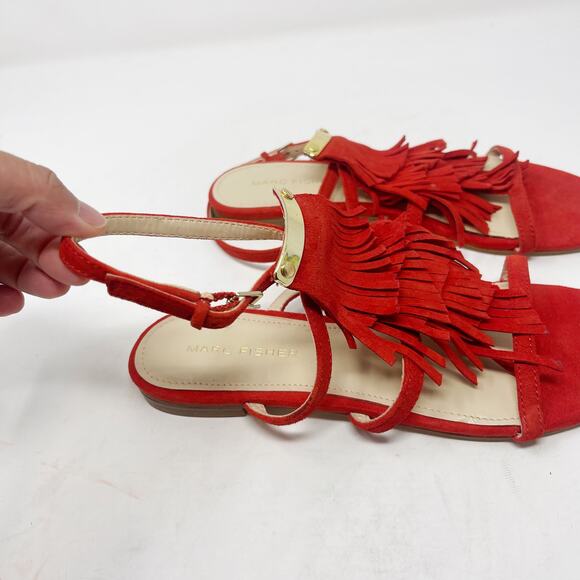 Marc Fisher 6 Red Suede Leather Charm Tiered Fringe Strappy Sandals Flat Ankle - Picture 6 of 10